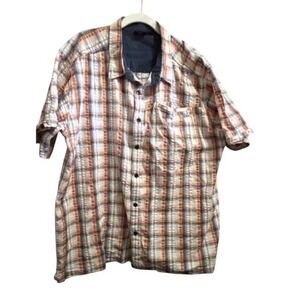 Kavu Mens XXL Short Sleeve Plaid Button Down Shirt Orange Blue Cotton Seersucker